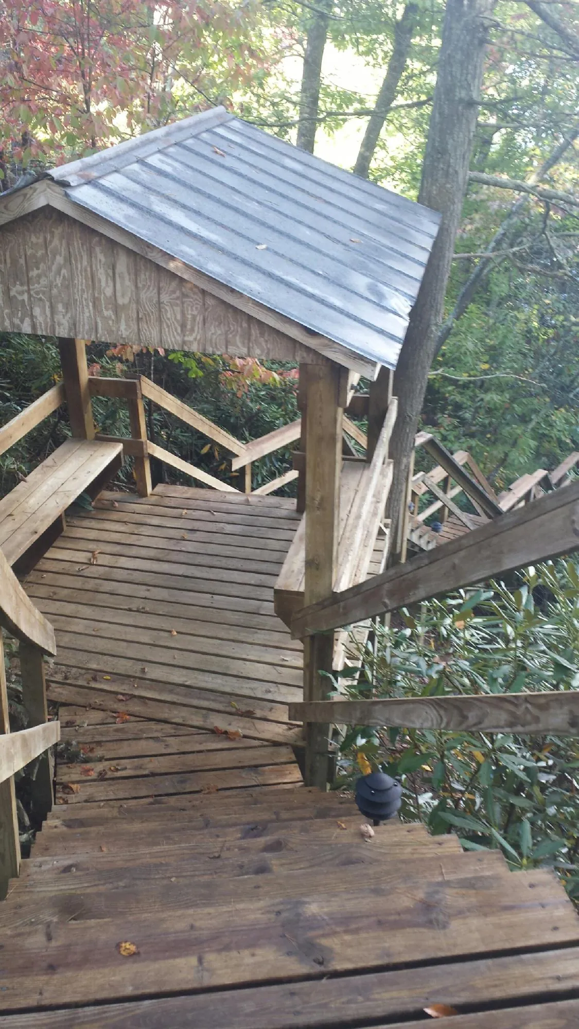 Metal roofed shelter over wooden steps on a wooded walkway — Skylight Repair & Installation work by our crew in Evans City